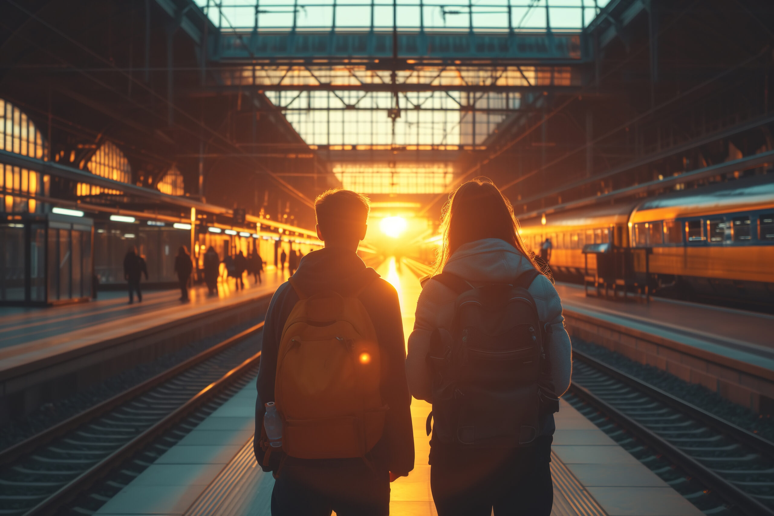 Back view of a man and woman couple standing on the station platform. They are waiting for the train to arrive, holding their luggage in their hands.